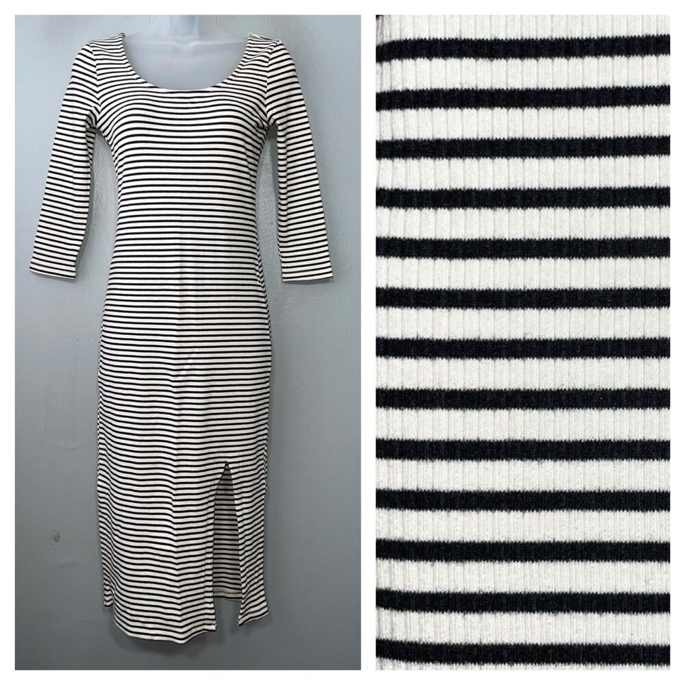 Preppy Striped Dress Size M Black White Ribbed Knit Fitted Midi Body Hugging